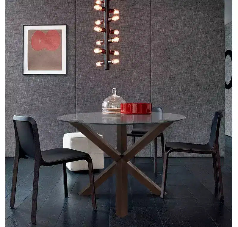 Table à manger ronde Poly & Bark 37.4 Kennedy avec plateau en verre et base en bois