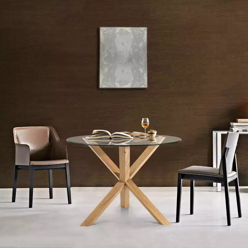 Table à manger ronde Poly & Bark 37.4 Kennedy avec plateau en verre et base en bois