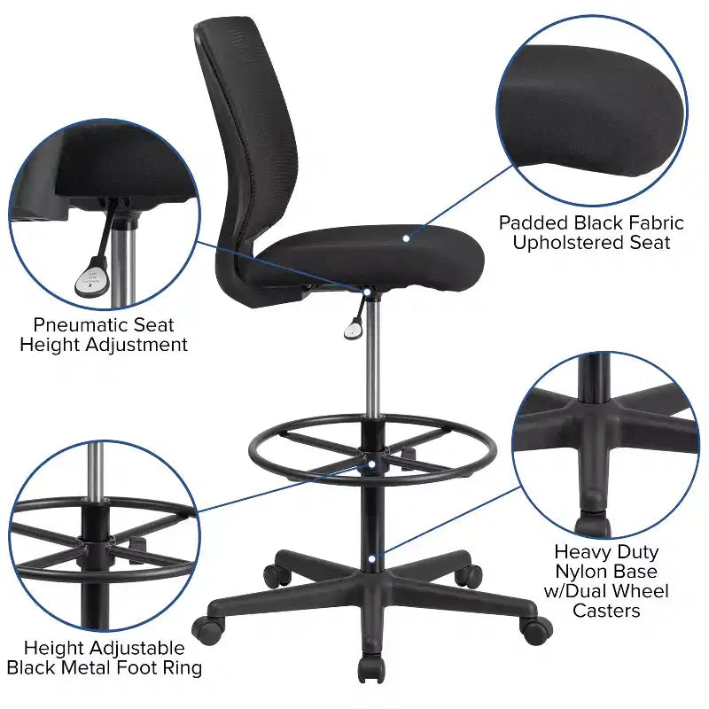 Chaise de bureau ergonomique Flash Furniture avec dossier mi-haut en maille, siège en tissu noir et repose-pieds réglable