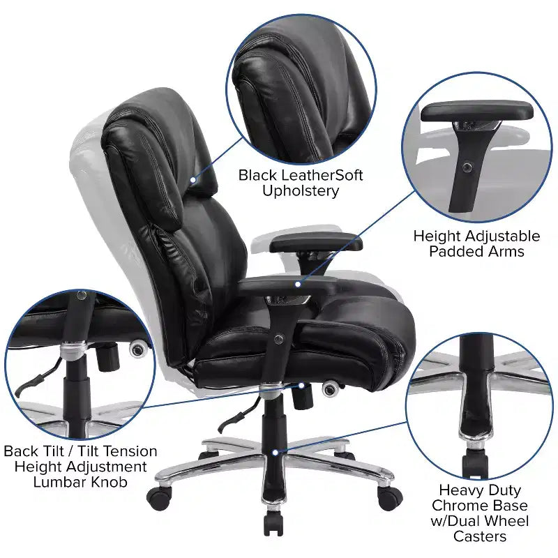 Flash Furniture Série HERCULES Chaise de bureau ergonomique pivotante exécutive grand et fort, utilisation intensive 24h/24 et 7j/7, capacité de 181 kg, avec bouton lombaire et appui-tête et dossier capitonnés