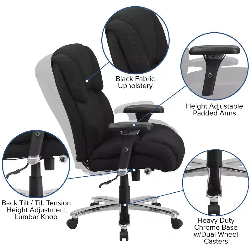 Flash Furniture Série HERCULES Chaise de bureau ergonomique pivotante exécutive grand et fort, utilisation intensive 24h/24 et 7j/7, capacité de 181 kg, avec bouton lombaire et appui-tête et dossier capitonnés