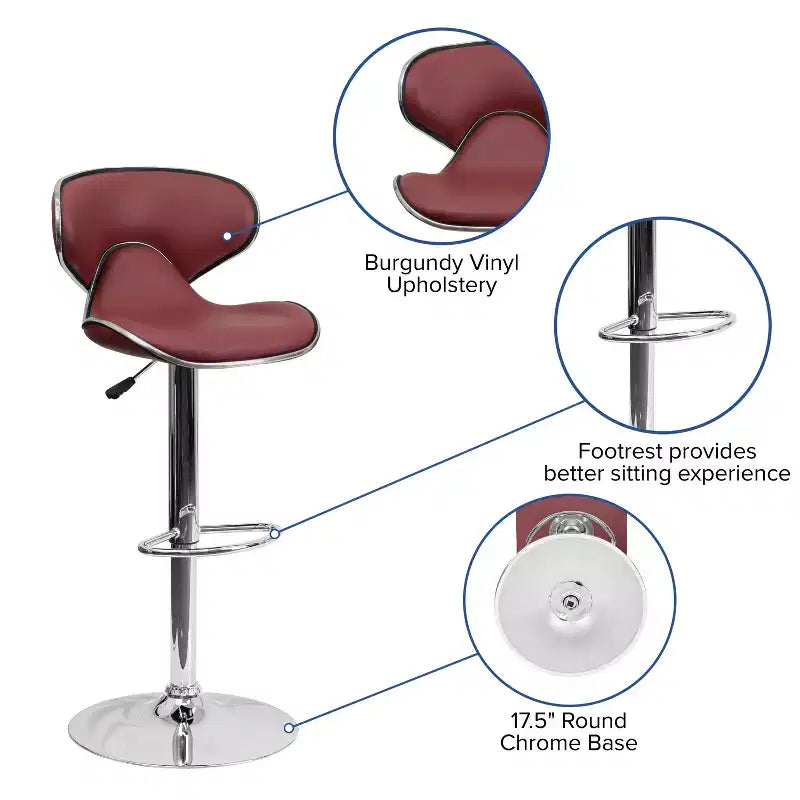 Tabouret de bar contemporain et confortable en vinyle mi-dossier, réglable en hauteur, avec base chromée de Flash Furniture