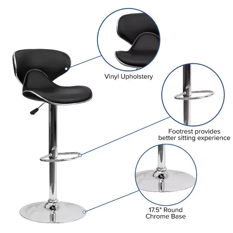 Tabouret de bar contemporain et confortable en vinyle mi-dossier, réglable en hauteur, avec base chromée de Flash Furniture