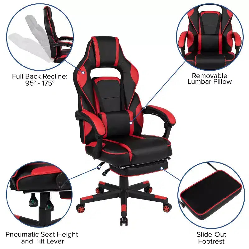 Bureau de jeu Flash Furniture avec porte-gobelet/crochet pour casque/2 trous de gestion des câbles et fauteuil de jeu inclinable avec accoudoirs et repose-pieds