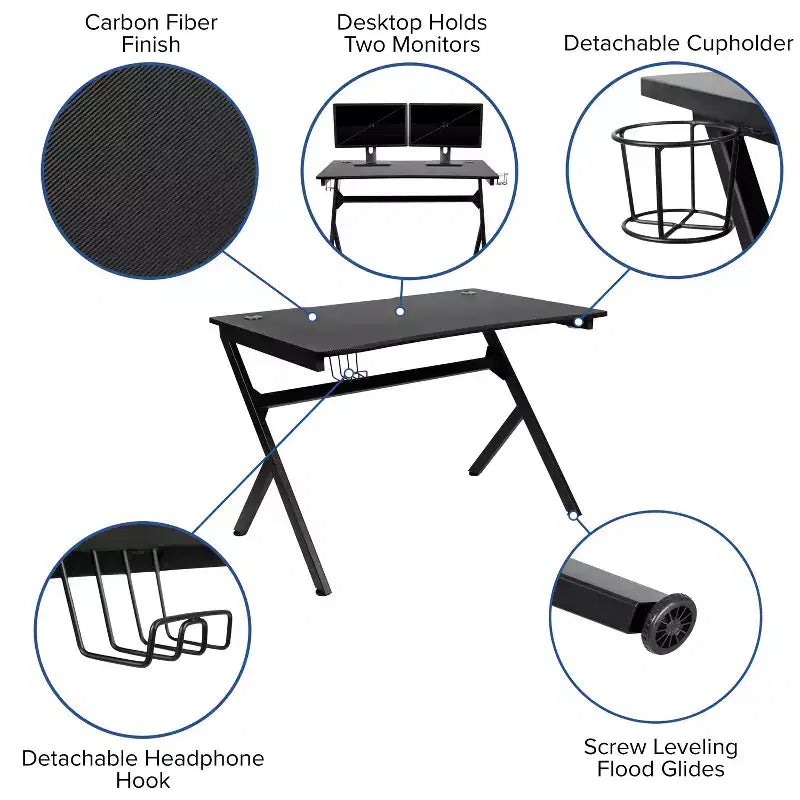Bureau de jeu Flash Furniture avec porte-gobelet/crochet pour casque/2 trous de gestion des câbles et fauteuil de jeu inclinable avec accoudoirs et repose-pieds