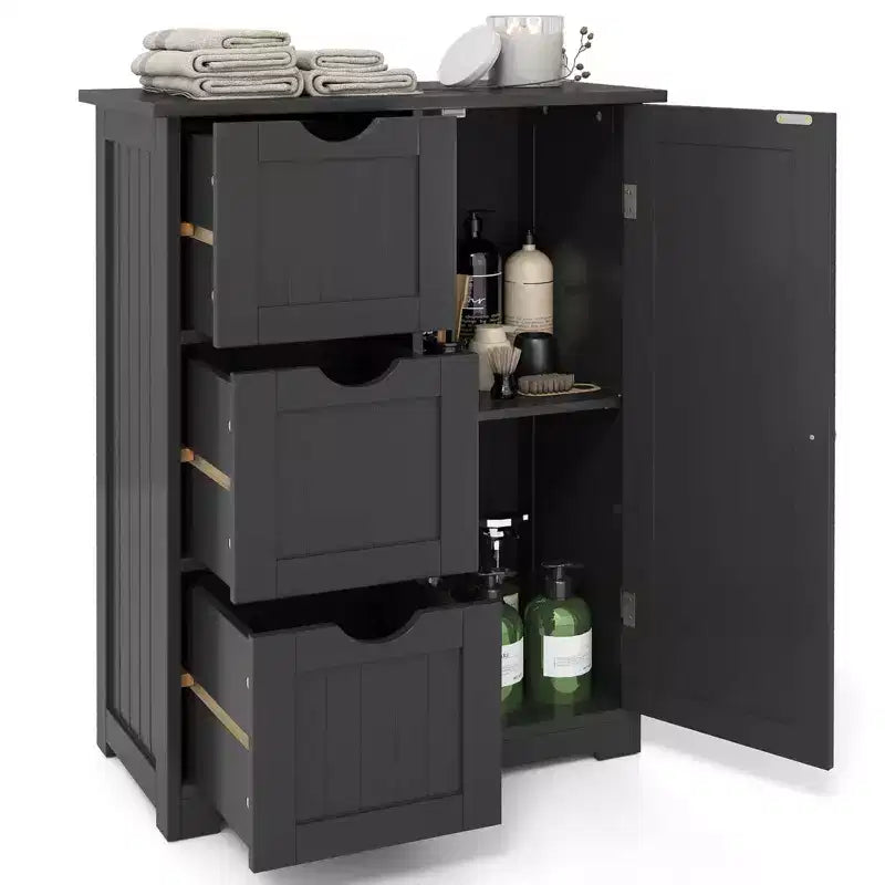 Meuble de salle de bain Costway, meuble de rangement latéral avec 3 tiroirs et 1 placard, gris/noir