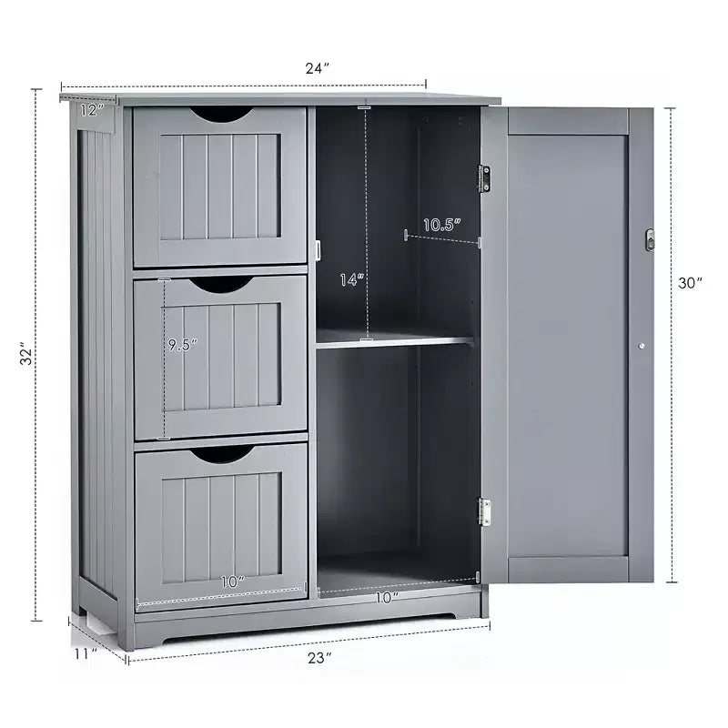 Meuble de salle de bain Costway, meuble de rangement latéral avec 3 tiroirs et 1 placard, gris/noir