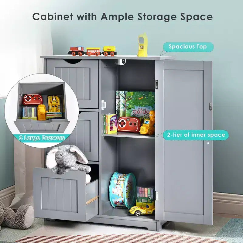 Meuble de salle de bain Costway, meuble de rangement latéral avec 3 tiroirs et 1 placard, gris/noir