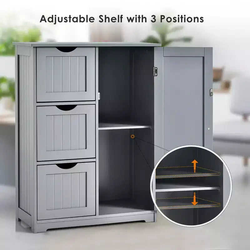 Meuble de salle de bain Costway, meuble de rangement latéral avec 3 tiroirs et 1 placard, gris/noir