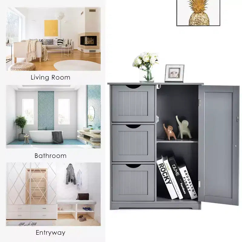 Meuble de salle de bain Costway, meuble de rangement latéral avec 3 tiroirs et 1 placard, gris/noir