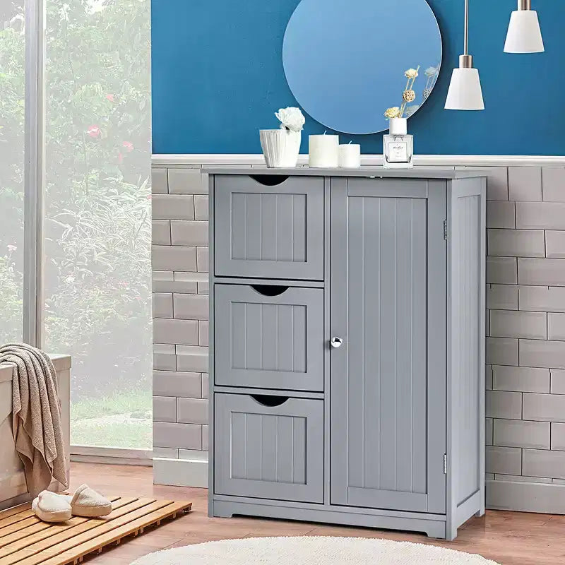 Meuble de salle de bain Costway, meuble de rangement latéral avec 3 tiroirs et 1 placard, gris/noir