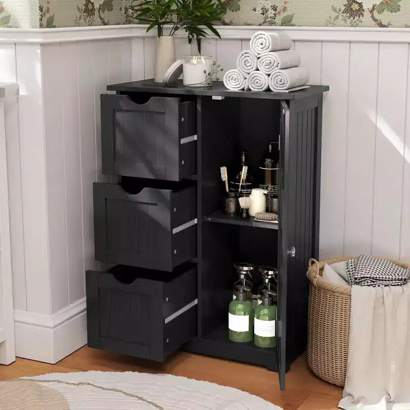 Meuble de salle de bain Costway, meuble de rangement latéral avec 3 tiroirs et 1 placard, gris/noir