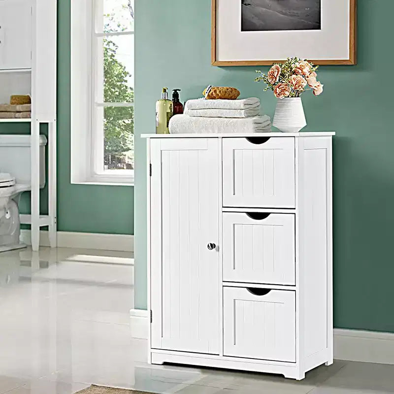 Meuble de salle de bain Costway, meuble de rangement latéral avec 3 tiroirs et 1 placard, gris/noir