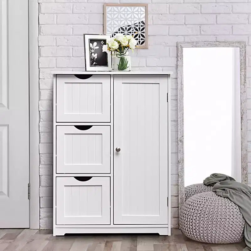 Meuble de salle de bain Costway, meuble de rangement latéral avec 3 tiroirs et 1 placard, gris/noir