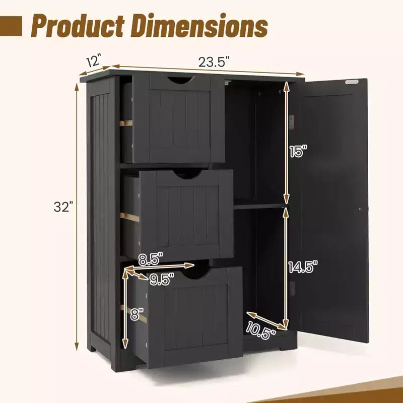 Meuble de salle de bain Costway, meuble de rangement latéral avec 3 tiroirs et 1 placard, gris/noir