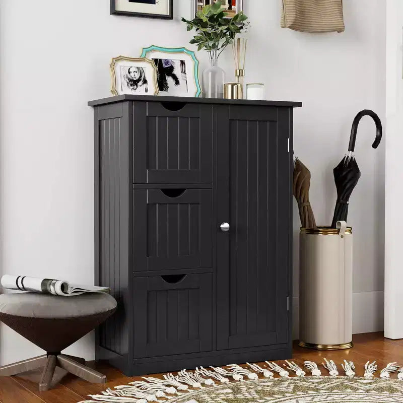 Meuble de salle de bain Costway, meuble de rangement latéral avec 3 tiroirs et 1 placard, gris/noir