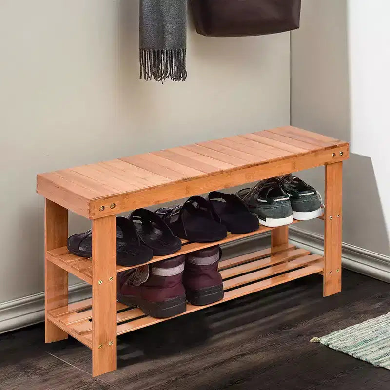 Banc à Chaussures Costway 3 Niveaux en Bambou Étagère de Rangement Organisateur d'Entrée Meuble de Maison