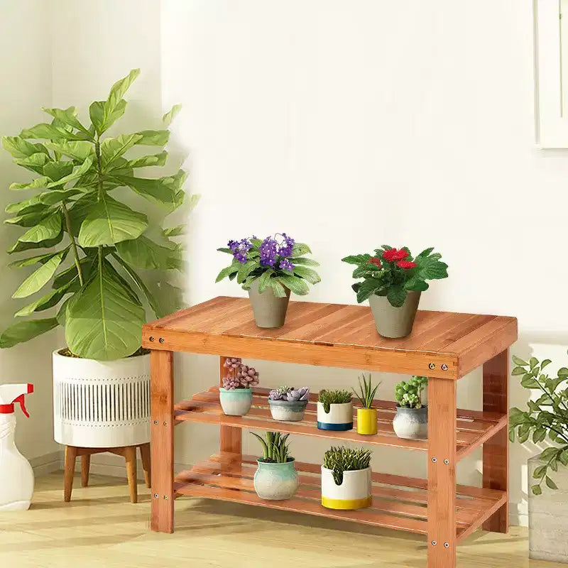 Banc à Chaussures Costway 3 Niveaux en Bambou Étagère de Rangement Organisateur d'Entrée Meuble de Maison