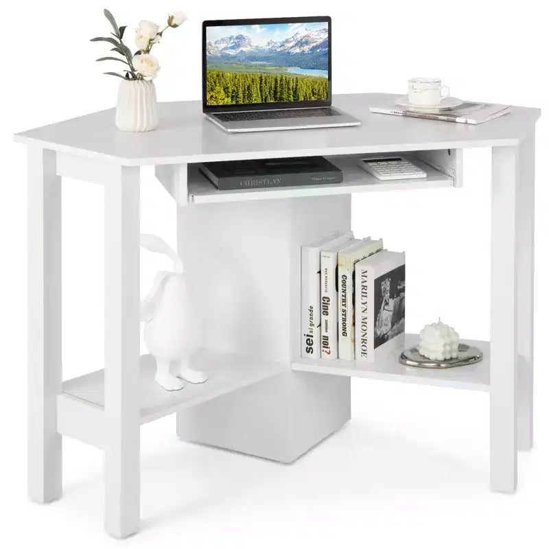 Costway Bureau d'angle en bois avec tiroir, Table d'ordinateur PC, Bureau d'étude, Blanc