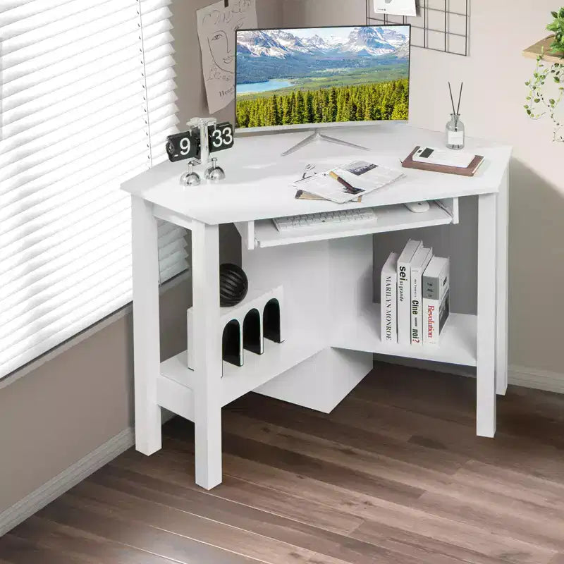 Costway Bureau d'angle en bois avec tiroir, Table d'ordinateur PC, Bureau d'étude, Blanc