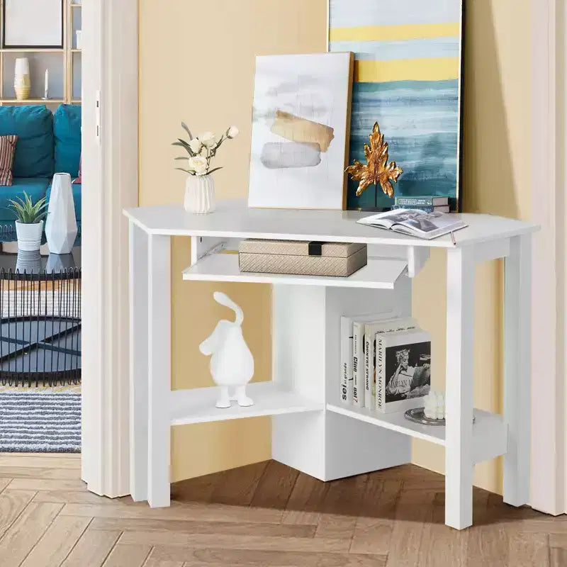 Costway Bureau d'angle en bois avec tiroir, Table d'ordinateur PC, Bureau d'étude, Blanc