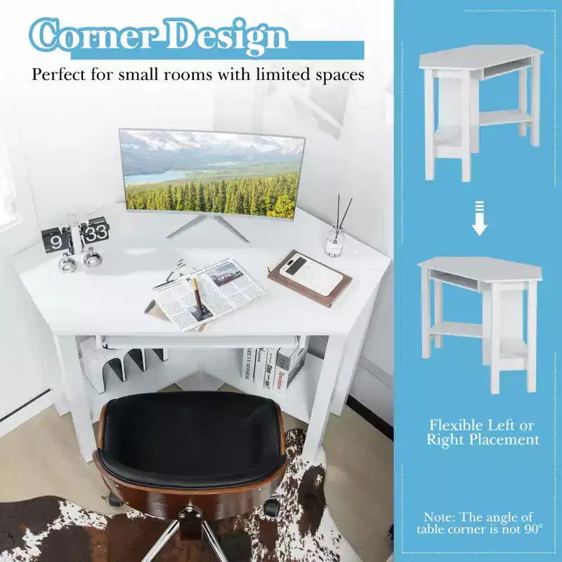 Costway Bureau d'angle en bois avec tiroir, Table d'ordinateur PC, Bureau d'étude, Blanc