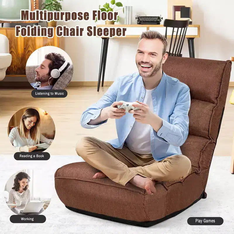 Costway Fauteuil de Sol Pliant 4 Positions Inclinables pour Salon/Lecture/Jeu Vidéo/Méditation avec Tissu en Lin Respirant et Rembourrage en Éponge Douce