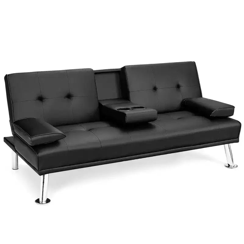 Canapé-lit futon pliant convertible Costway en cuir avec porte-gobelets et accoudoirs Blanc/Noir/Marron