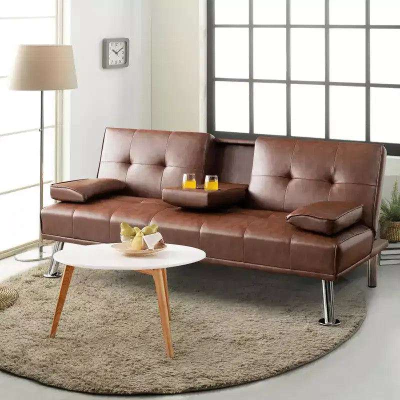 Canapé-lit futon pliant convertible Costway en cuir avec porte-gobelets et accoudoirs Blanc/Noir/Marron