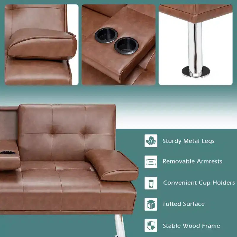 Canapé-lit futon pliant convertible Costway en cuir avec porte-gobelets et accoudoirs Blanc/Noir/Marron