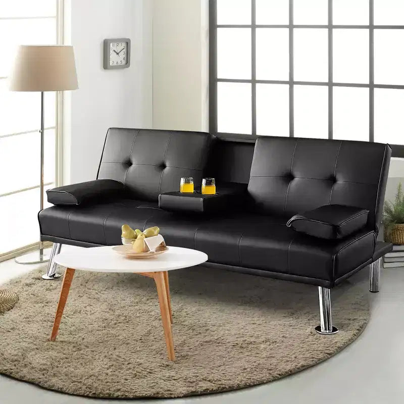 Canapé-lit futon pliant convertible Costway en cuir avec porte-gobelets et accoudoirs Blanc/Noir/Marron