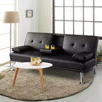 Canapé-lit futon pliant convertible Costway en cuir avec porte-gobelets et accoudoirs Blanc/Noir/Marron