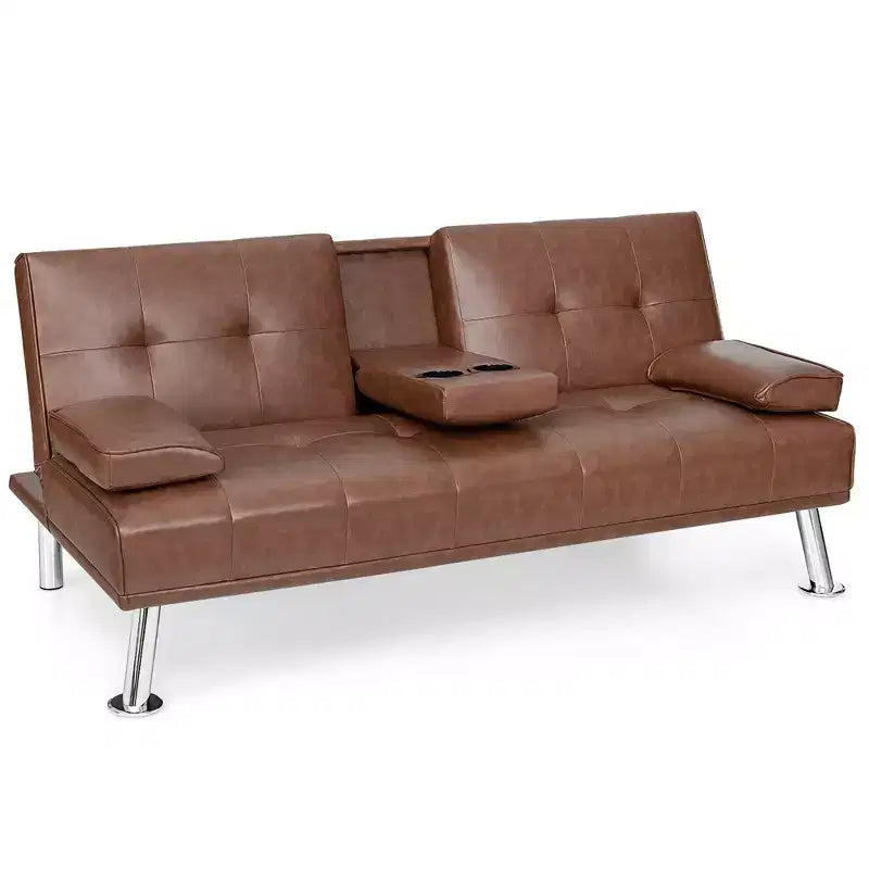 Canapé-lit futon pliant convertible Costway en cuir avec porte-gobelets et accoudoirs Blanc/Noir/Marron