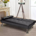 Canapé-lit futon pliant convertible Costway en cuir avec porte-gobelets et accoudoirs Blanc/Noir/Marron