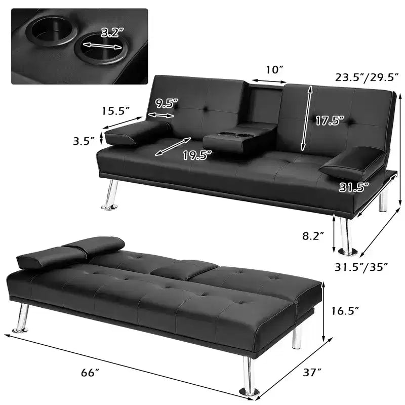 Canapé-lit futon pliant convertible Costway en cuir avec porte-gobelets et accoudoirs Blanc/Noir/Marron
