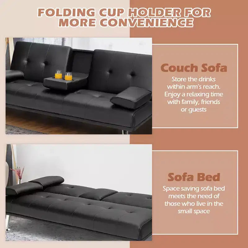 Canapé-lit futon pliant convertible Costway en cuir avec porte-gobelets et accoudoirs Blanc/Noir/Marron