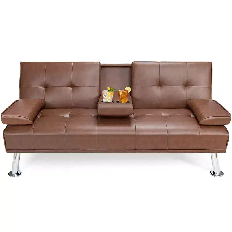 Canapé-lit futon pliant convertible Costway en cuir avec porte-gobelets et accoudoirs Blanc/Noir/Marron