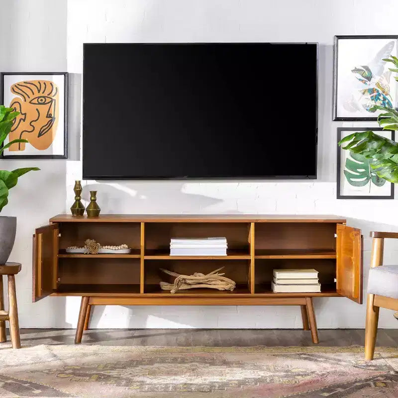 Meuble TV moderne du milieu du siècle en bois massif pour TV jusqu'à 65 po – Saracina Home