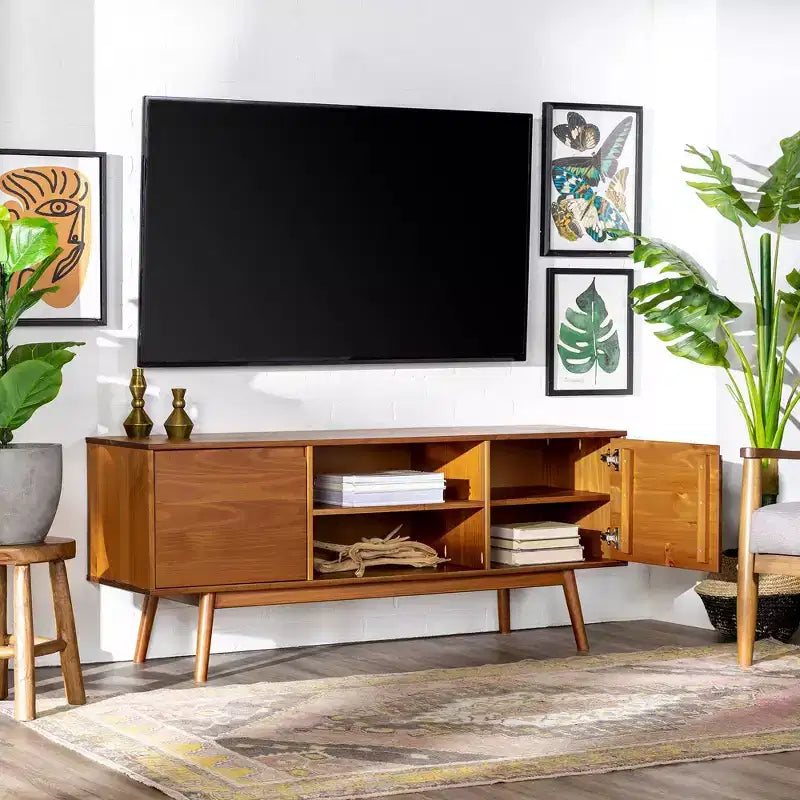 Meuble TV moderne du milieu du siècle en bois massif pour TV jusqu'à 65 po – Saracina Home