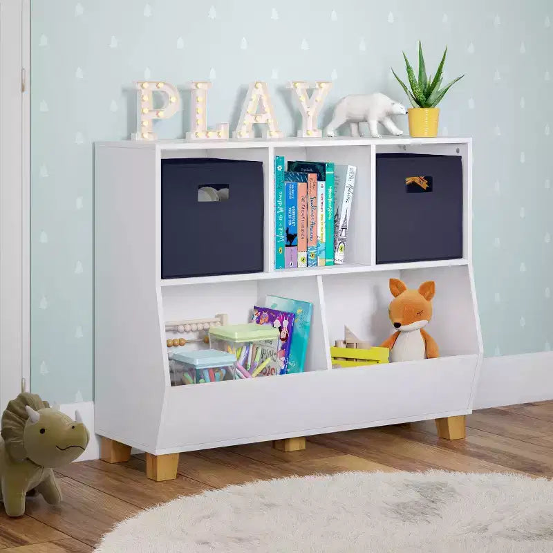 Organisateur de rangement pour jouets RiverRidge Kids' CatchAll Playroom 35 avec 3 casiers et 2 compartiments de rangement blanc avec 2 bacs en tissu