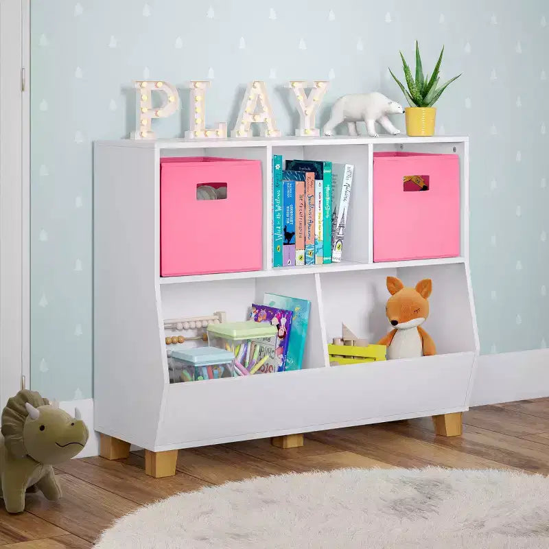Organisateur de rangement pour jouets RiverRidge Kids' CatchAll Playroom 35 avec 3 casiers et 2 compartiments de rangement blanc avec 2 bacs en tissu