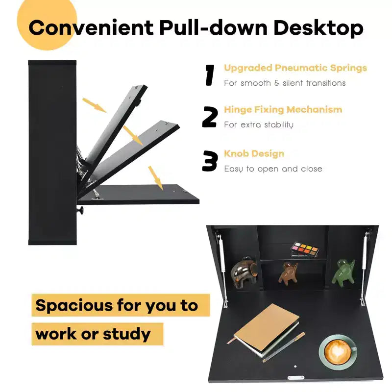 Costway Bureau mural pliant pour ordinateur portable, organisateur de rangement gain de place blanc/marron/noir