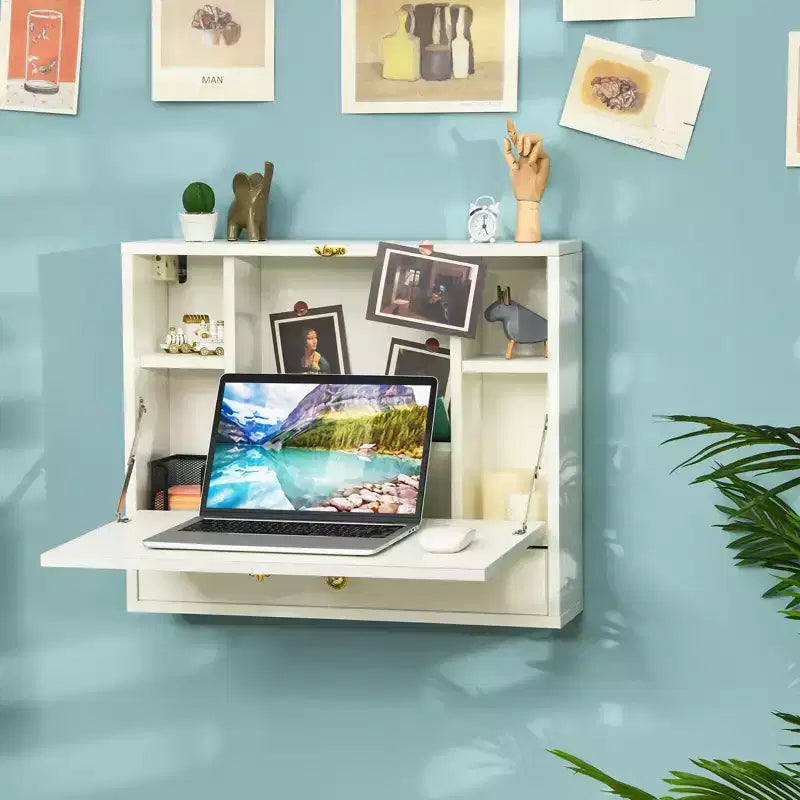 Costway Bureau mural pliant pour ordinateur portable, organisateur de rangement gain de place blanc/marron/noir
