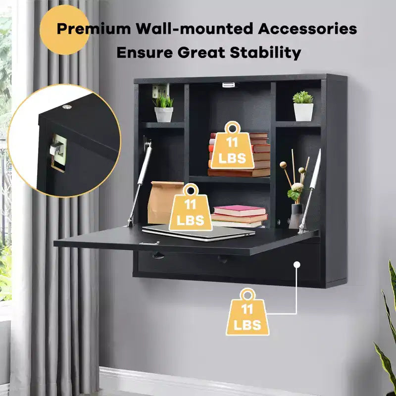 Costway Bureau mural pliant pour ordinateur portable, organisateur de rangement gain de place blanc/marron/noir
