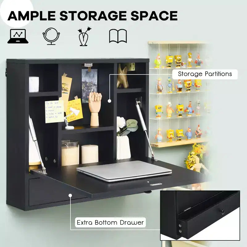 Costway Bureau mural pliant pour ordinateur portable, organisateur de rangement gain de place blanc/marron/noir