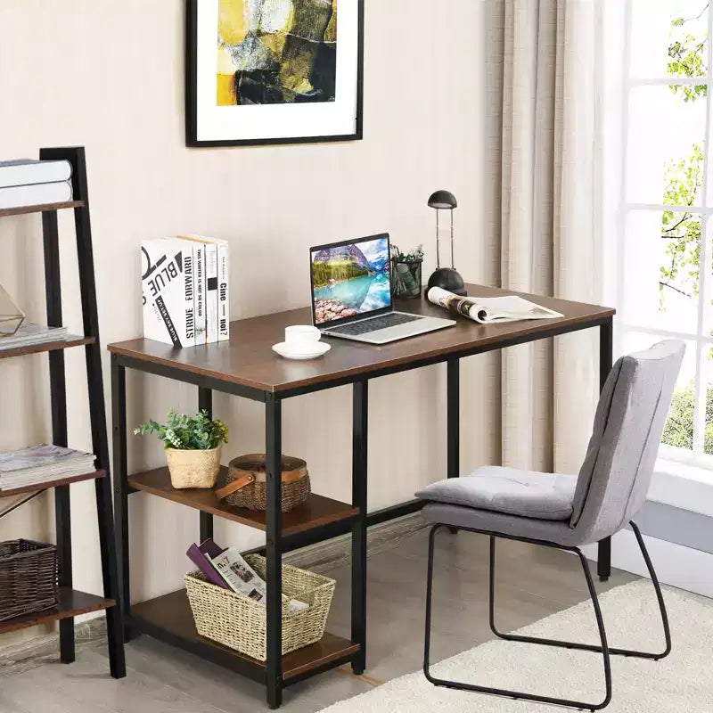 Costway Bureau informatique 47'' Table d'étude Poste de travail à domicile avec étagère réglable Noir rustique/Café/Marron