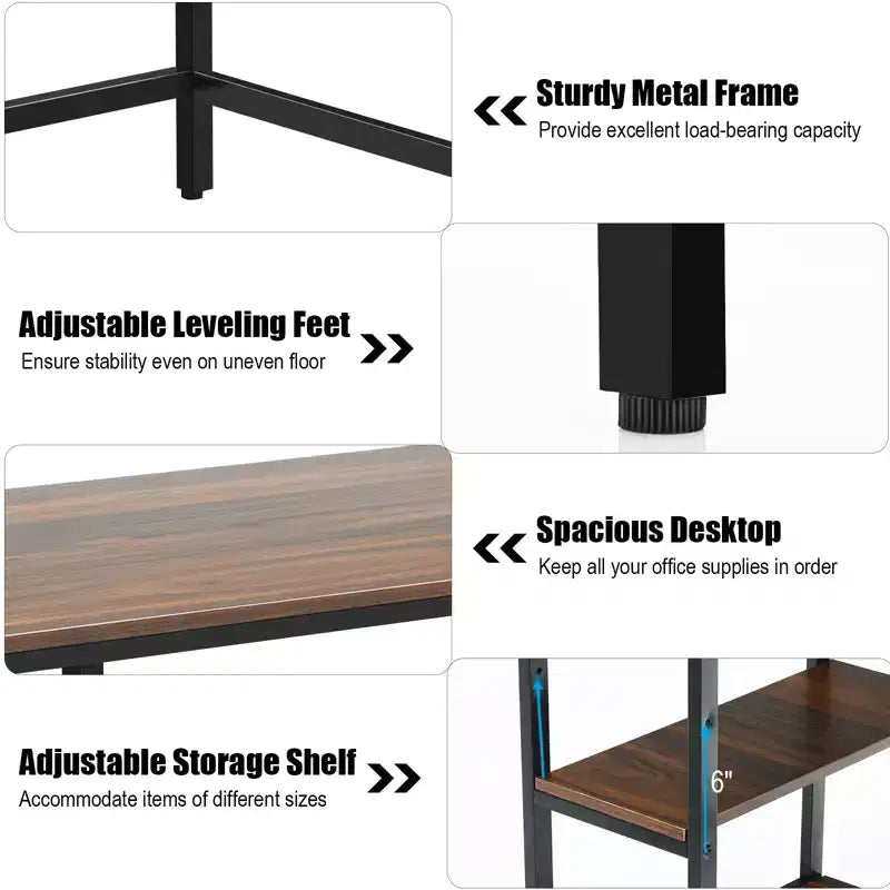 Costway Bureau informatique 47'' Table d'étude Poste de travail à domicile avec étagère réglable Noir rustique/Café/Marron