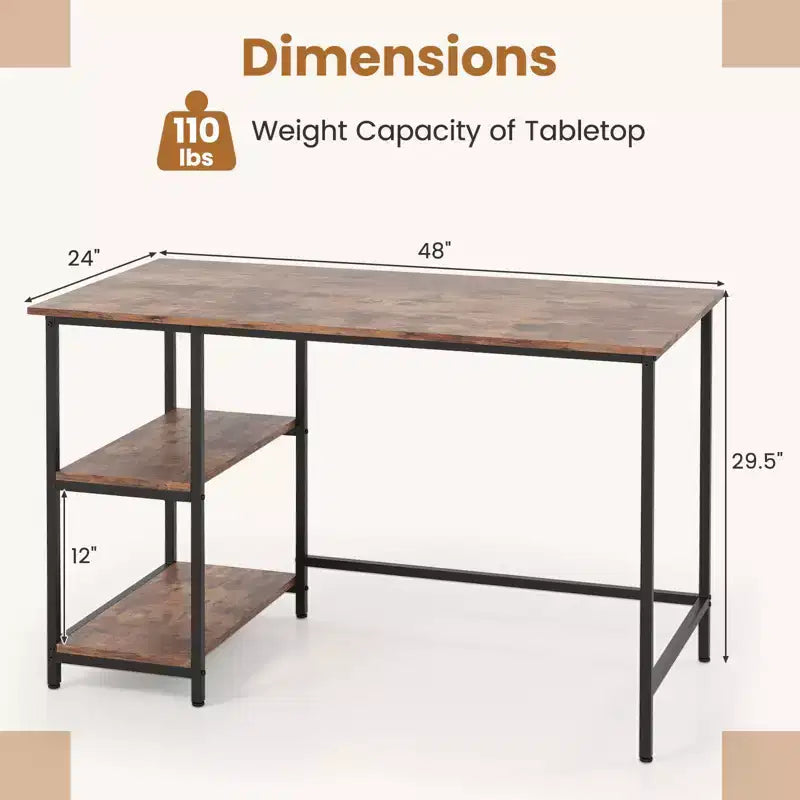 Costway Bureau informatique 47'' Table d'étude Poste de travail à domicile avec étagère réglable Noir rustique/Café/Marron