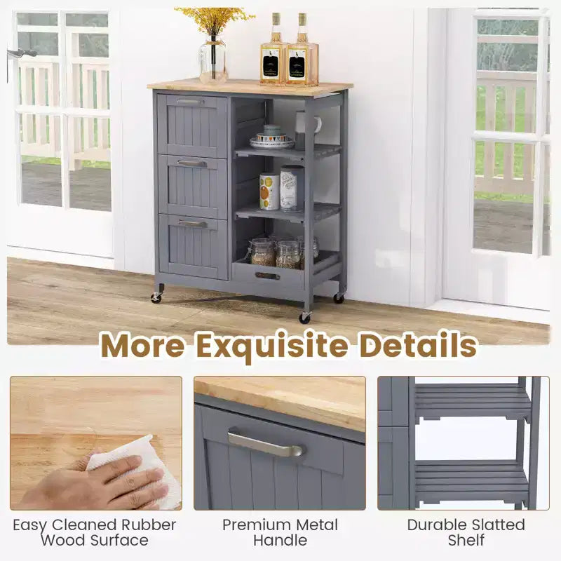 Meuble de cuisine roulant Costway avec 3 tiroirs de rangement et étagères Blanc/Noir/Gris