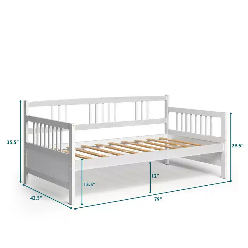 Lit de repos en bois à lattes format jumeau Costway, plate-forme robuste avec rails, blanc/cerisier
